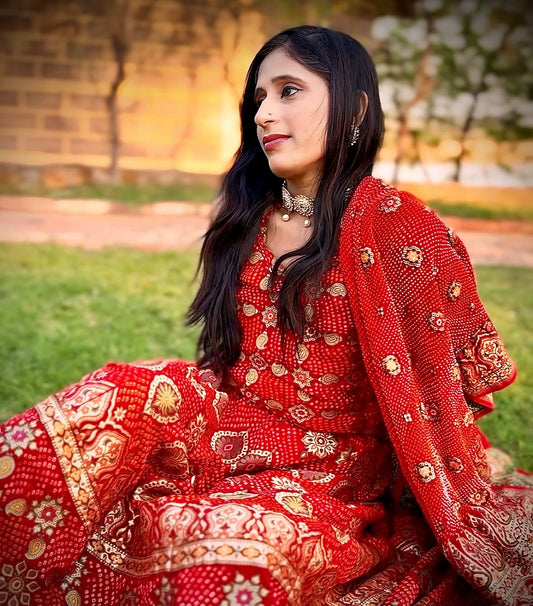 Ruby Red Meenakari Banarasi Bandhani Lehenga set