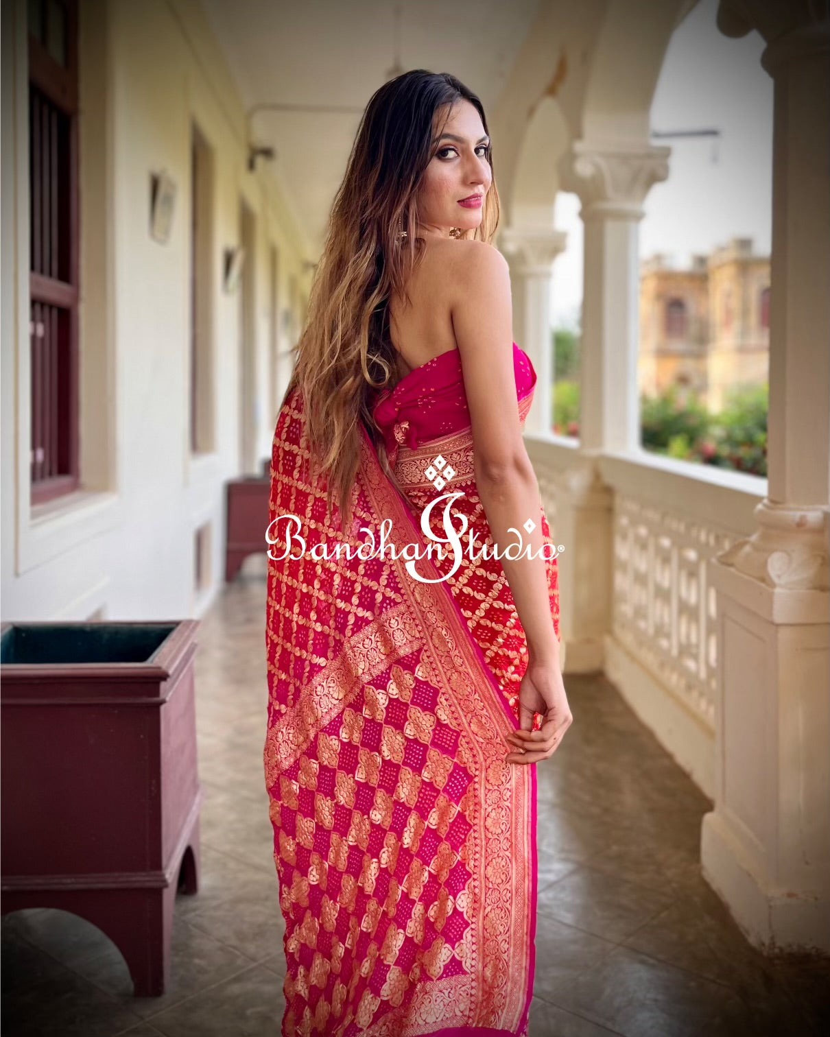 Hot pink and Coral ombré Bandhani handcrafted Saree