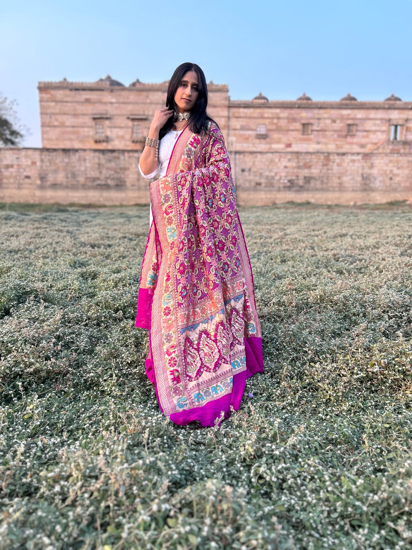 Magenta shade Handloom Meenakari Bandhani Dupatta