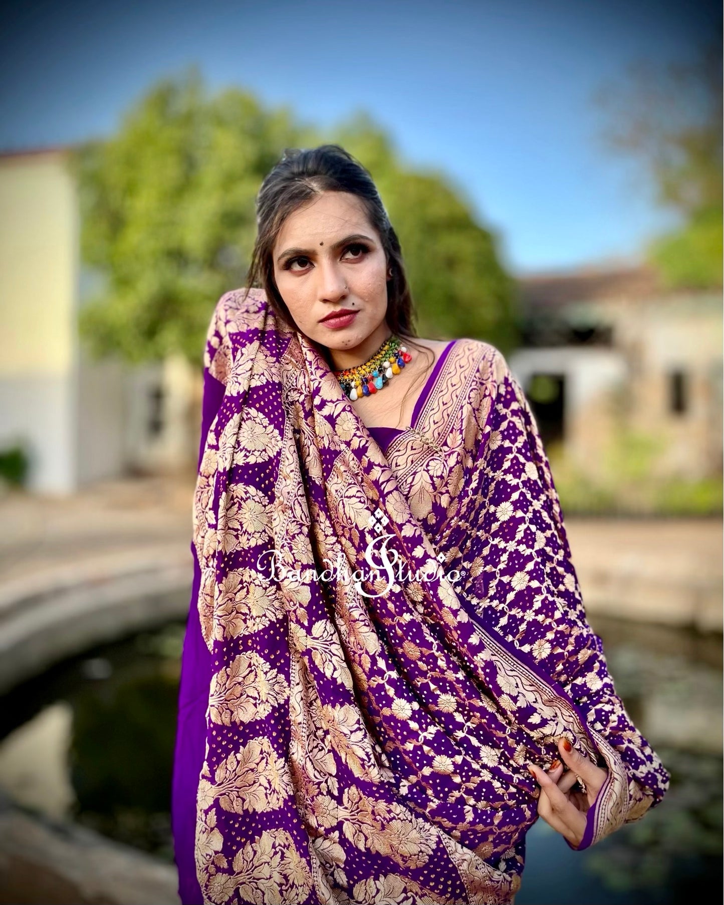 Purple Banarasi Bandhani Floral motifs Saree