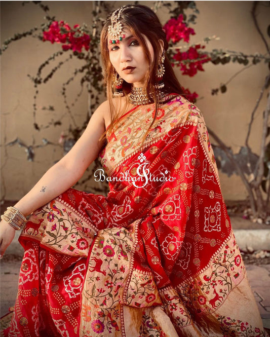 Red Meenakari Shikargah Buti Weaving Zari Bandhani Saree