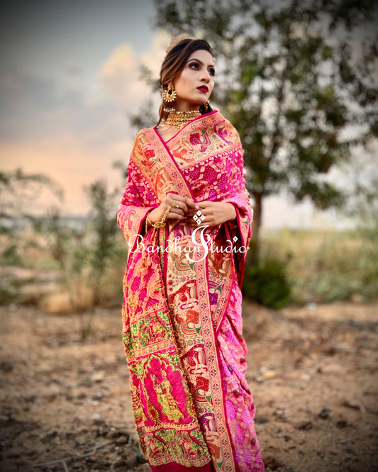 Fuschia Pink ombré Meenakari Raja-Rani Bandhani Saree
