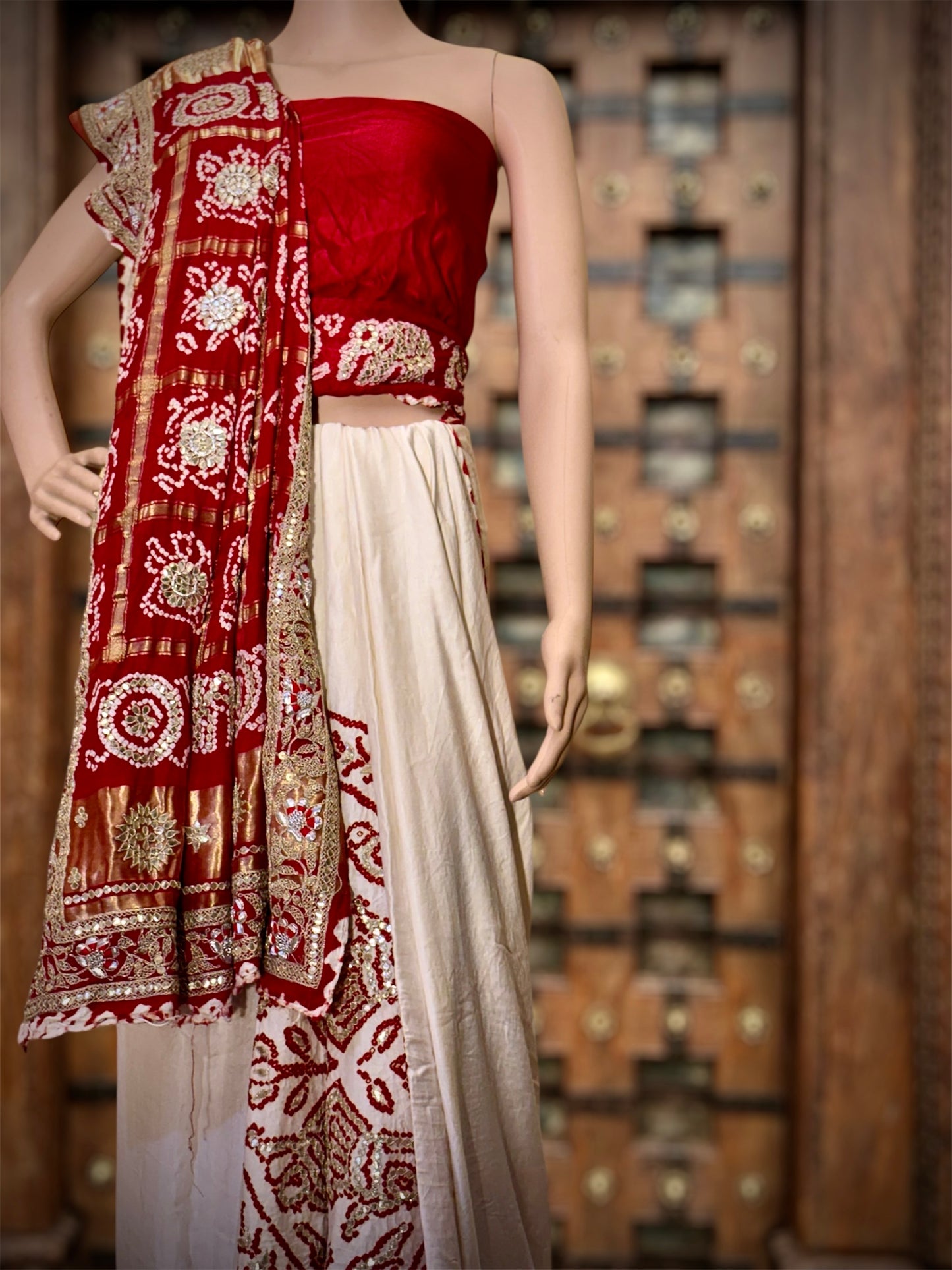Ras- Mandal Off white to Red pure Ga ji silk 82 grams silk check pallu saree handcrafted with Marodi work.
