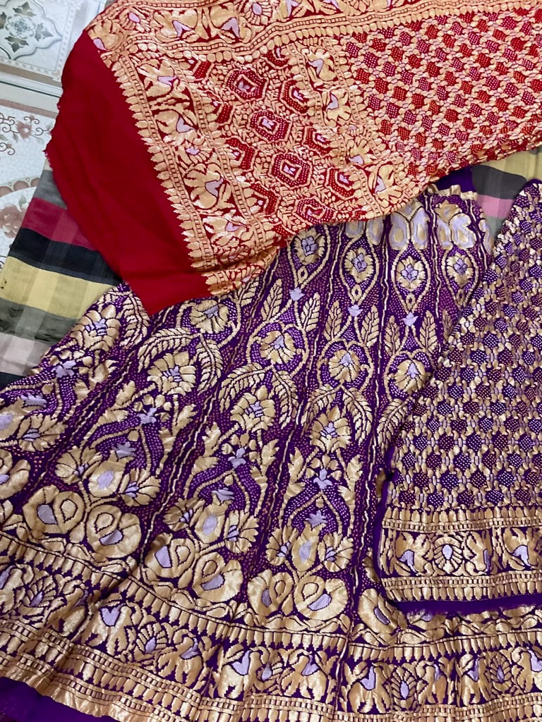 Purple Silver golden zari Lehenga set with Red Contrast Dupatta