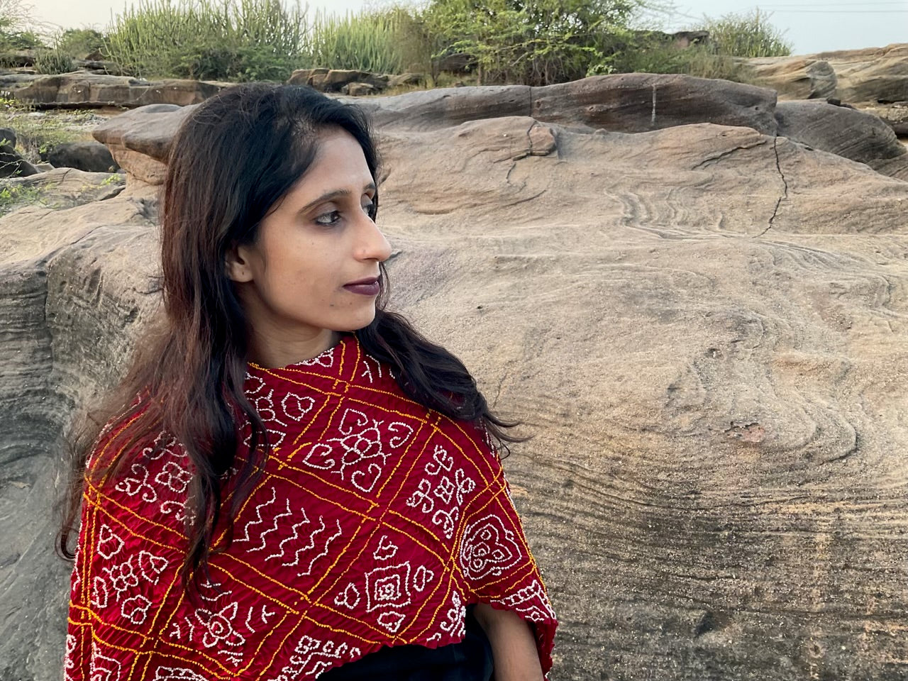 Red Rai Bandhani Bavan Bhag Dupatta