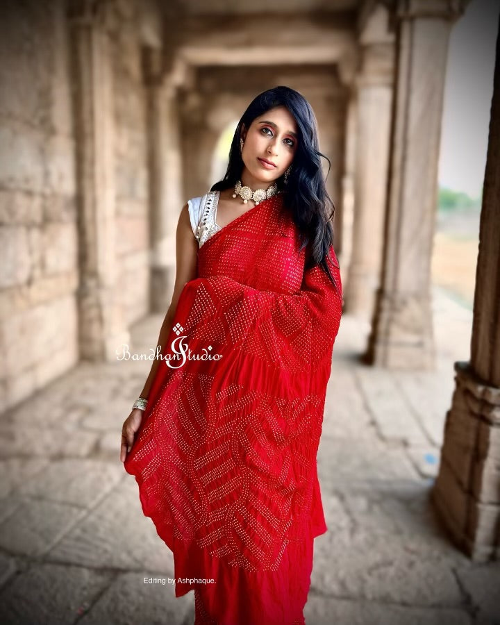 Red Geometric Bandhani on Georgette