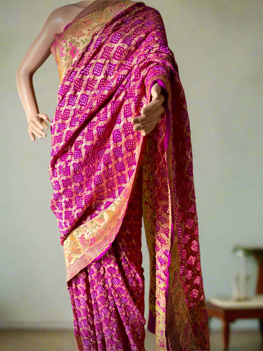 Magenta purple Paithani style Bandhani Sari