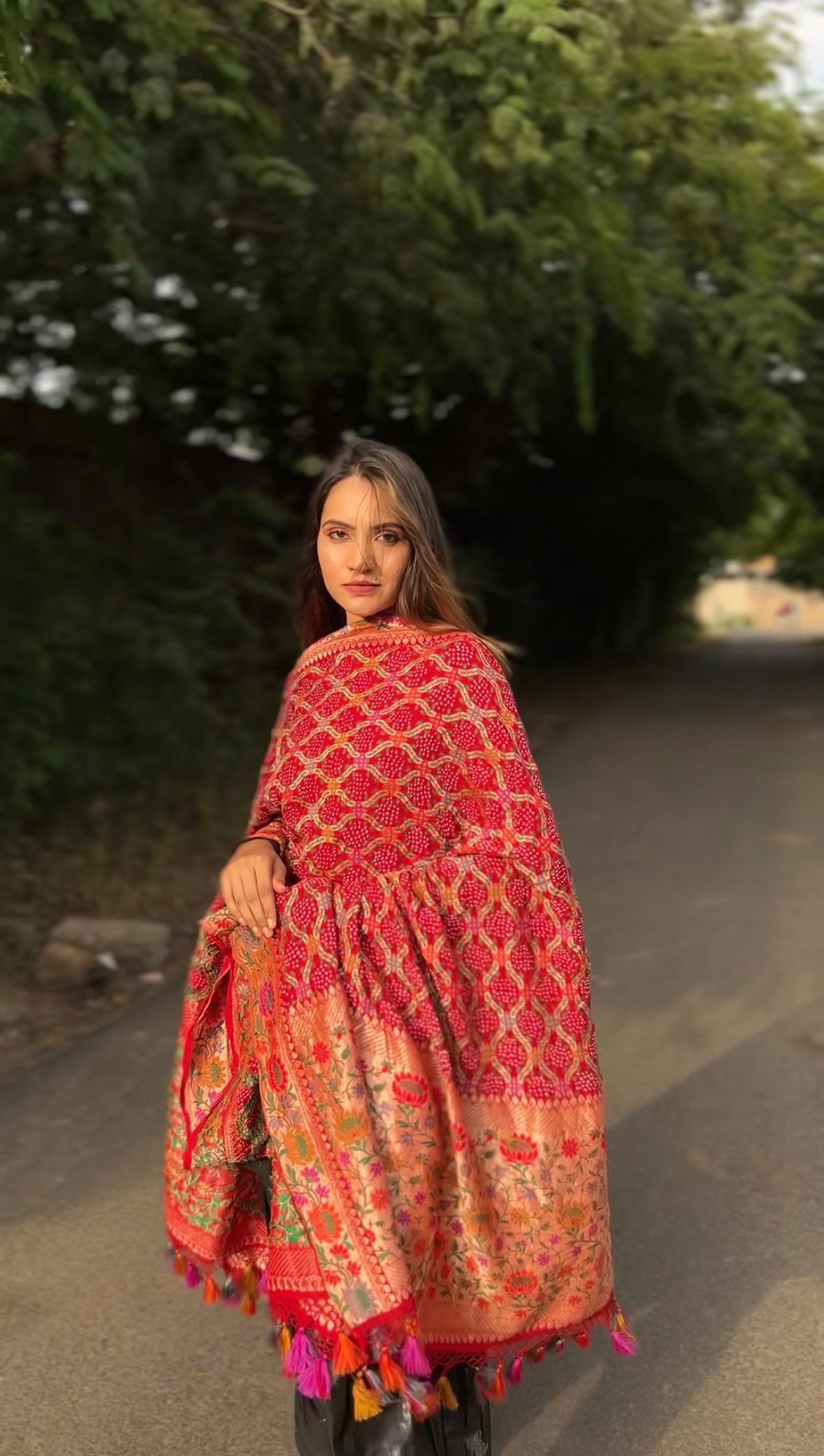 Red Paithani Style Zari weave Bandhani Dupatta