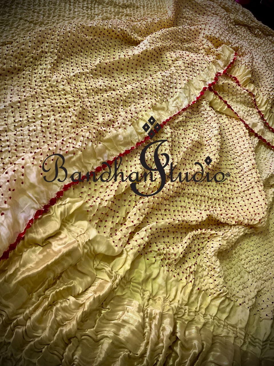Red Bandhani dots Lemon yellow Gaji silk sari