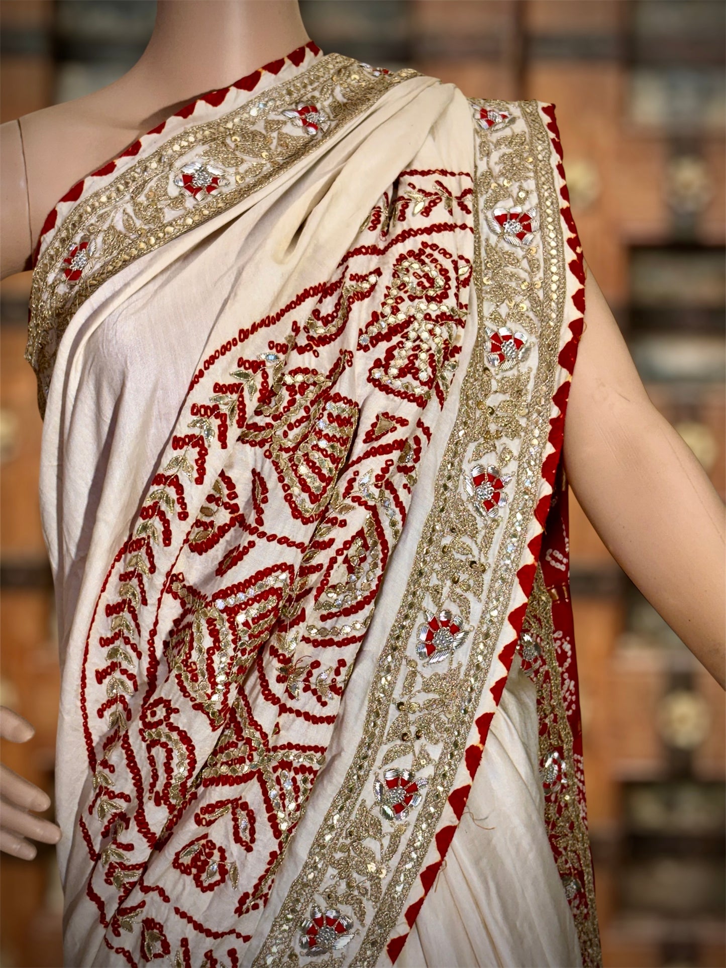 Ras- Mandal Off white to Red pure Ga ji silk 82 grams silk check pallu saree handcrafted with Marodi work.