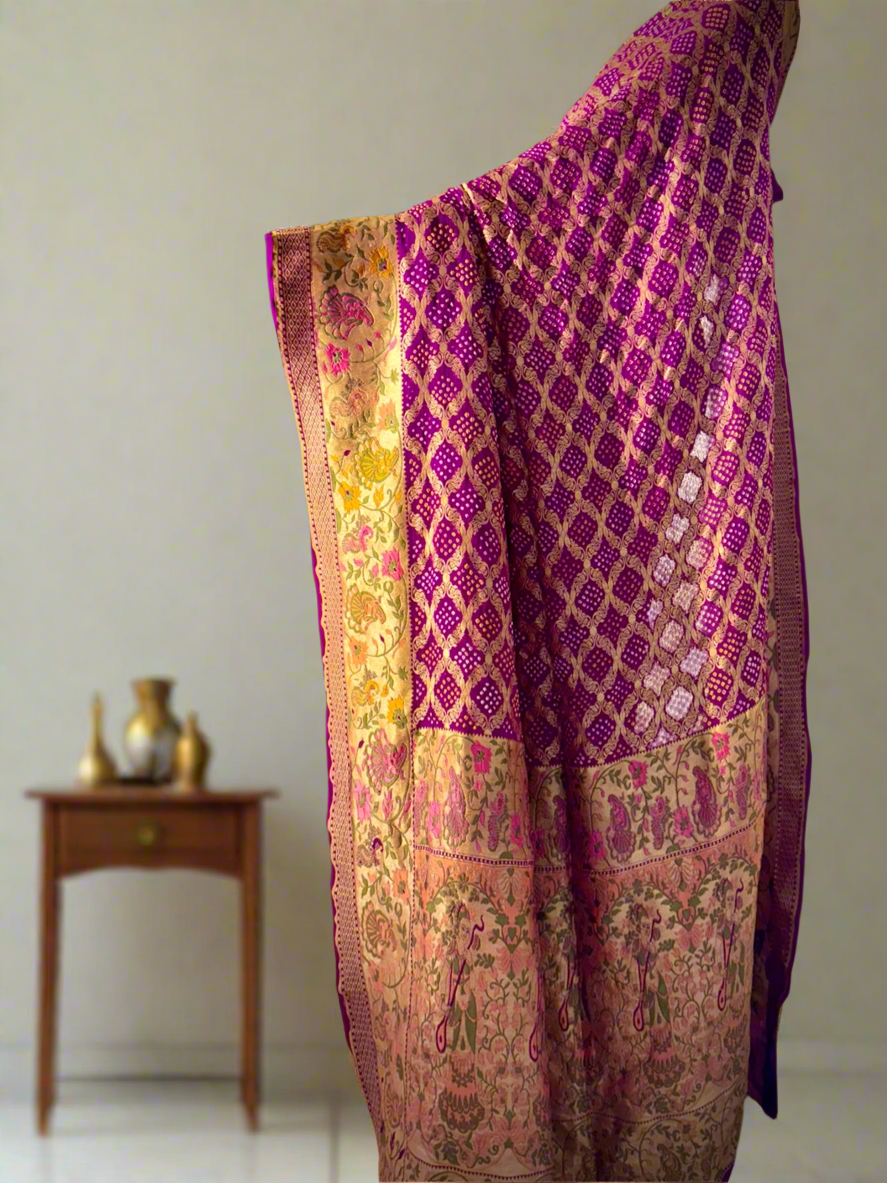 Magenta purple Paithani style Bandhani Sari