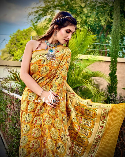 Mustard Meenakari Red dots Bandhani saree