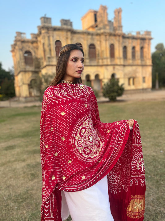 Red Zardosi and Gotapati Bandhani Dupatta