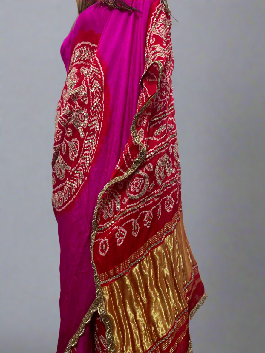 Pink and Coral Gotapati Rasmandal Bandhani on Silk Saree