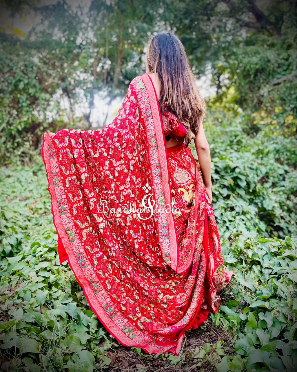 Red Parrot Motifs Bandhani Meenakari Lehenga