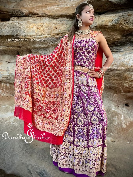Purple Silver golden zari Lehenga set with Red Contrast Dupatta