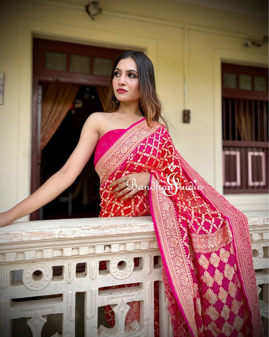 Hot pink and Coral ombré Bandhani handcrafted Saree