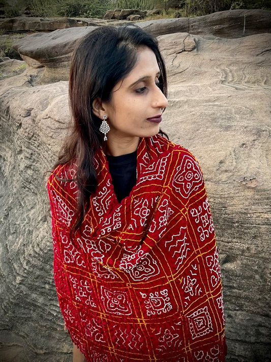 Red Rai Bandhani Bavan Bhag Dupatta