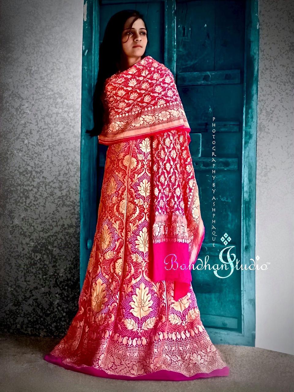 Pink and Coral ombré Pure zari weaving Kali Lehenga set