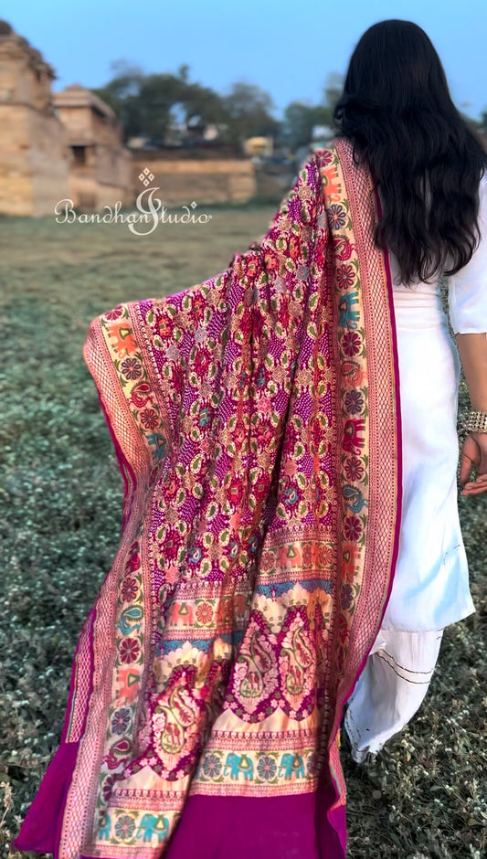 Magenta shade Handloom Meenakari Bandhani Dupatta