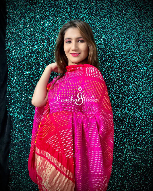 Rani pink Strawberry Red ombré Geometric Bharti bandhej Dupatta