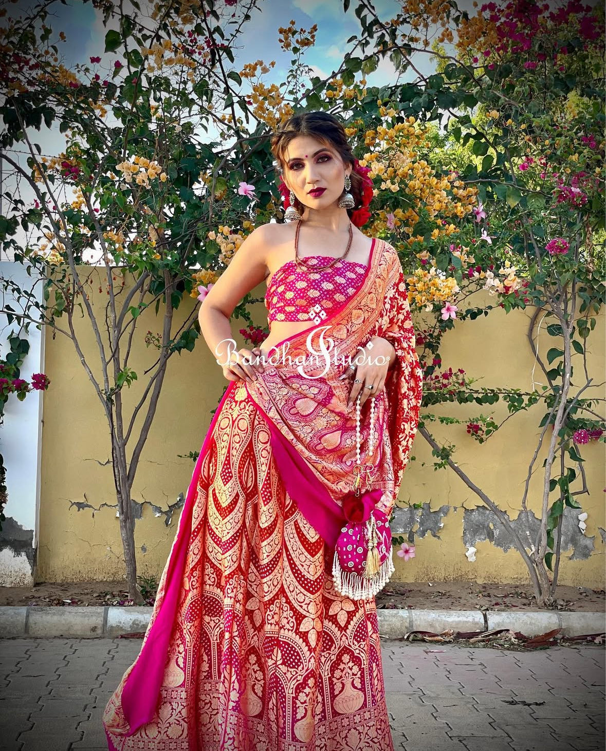 Rani Pink and Coral ombré Bandhani Lehenga set