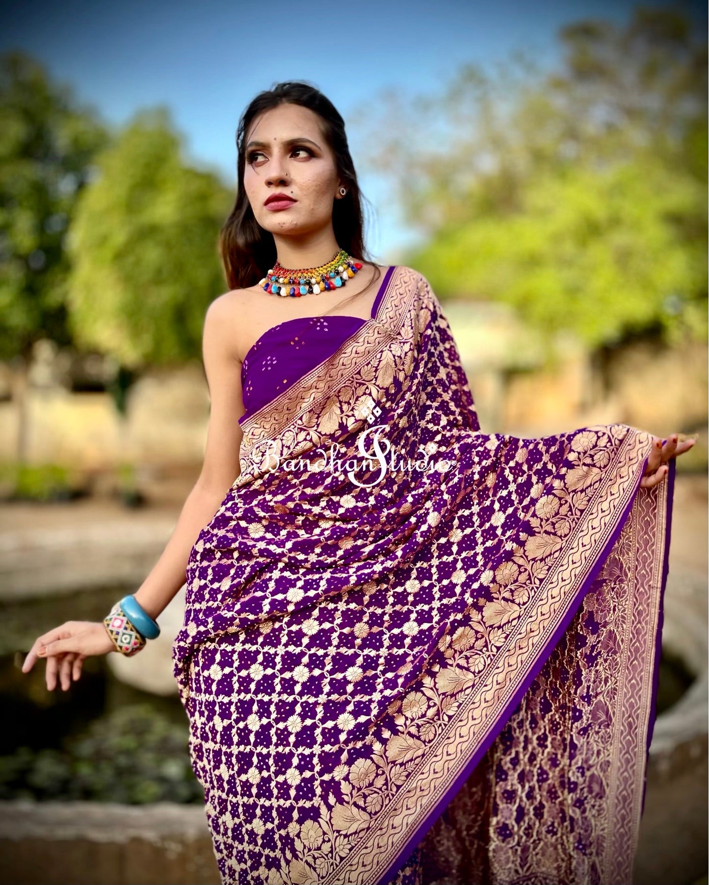 Purple Banarasi Bandhani Floral motifs Saree