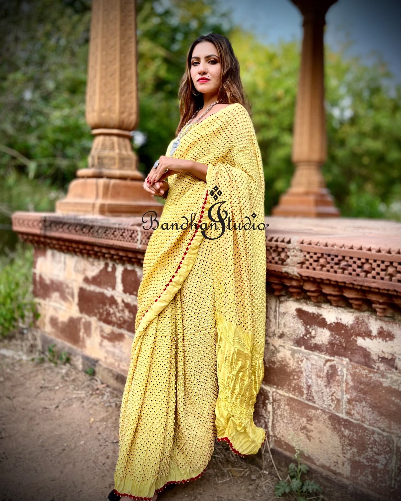 Red Bandhani dots Lemon yellow Gaji silk sari
