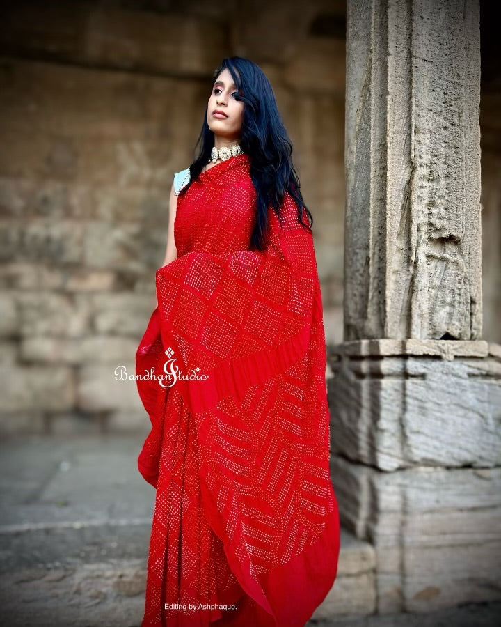 Red Geometric Bandhani on Georgette