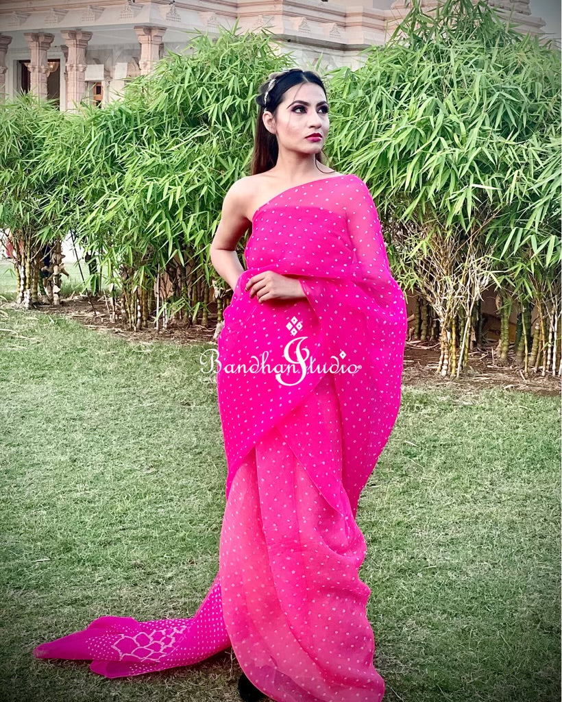 Hot pink organza Bandhani Saree