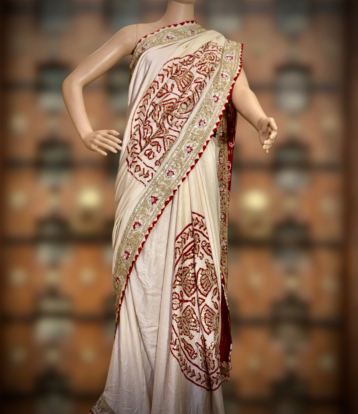 Ras- Mandal Off white to Red pure Ga ji silk 82 grams silk check pallu saree handcrafted with Marodi work.