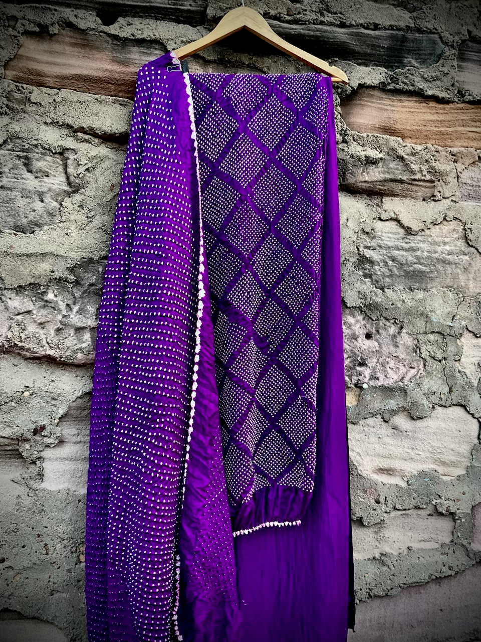 Purple Geometric Pattern Bandhani Suit Fabric