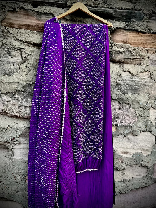 Purple Geometric Pattern Bandhani Suit Fabric