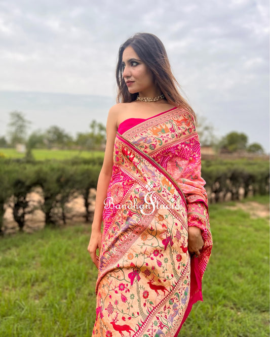 Pink and Peach Shikargah Bandhani Saree