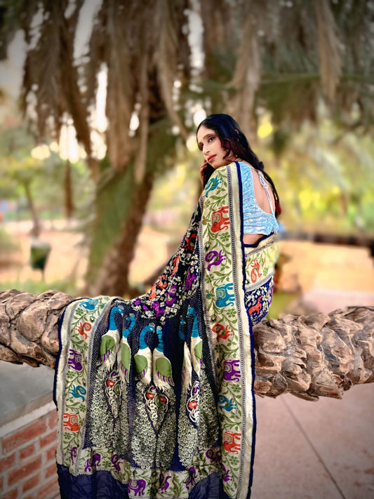 Stunning peacock motifs blue pure Khadi georgette Saree