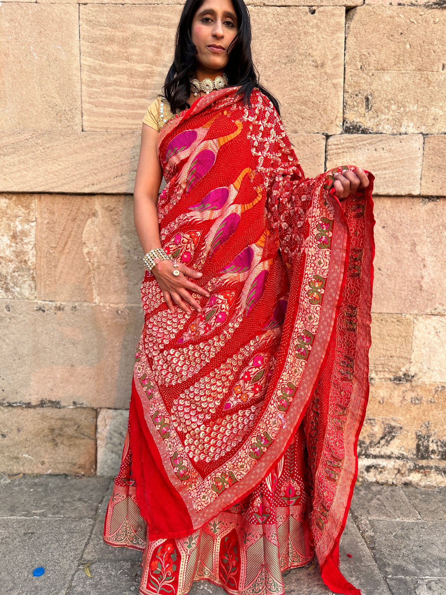 Red Meenakari Peacock Bandhani Dupatta