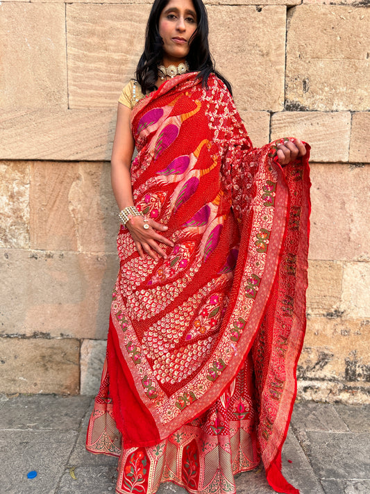 Red Meenakari Peacock Bandhani Dupatta