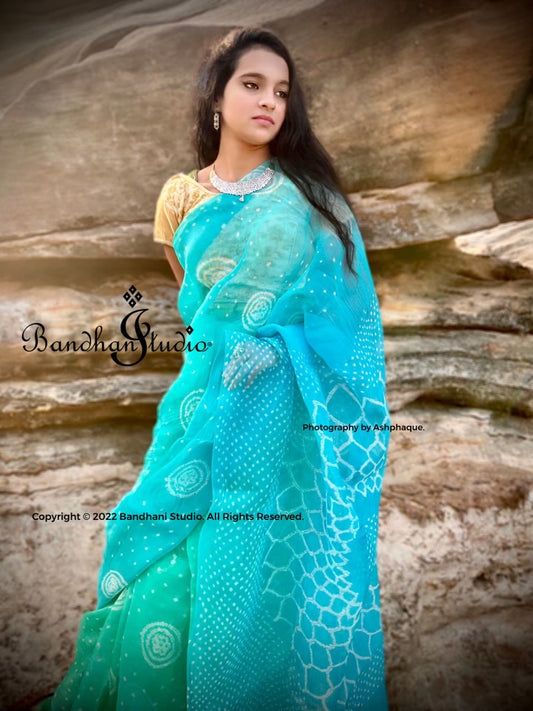 Seaside combination Pure Organza Silk Bandhani Saree