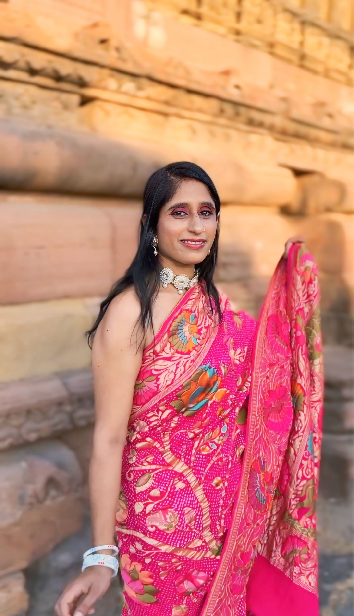Rose Pink Meenakari Paithani Style Bandhani Upada Sari