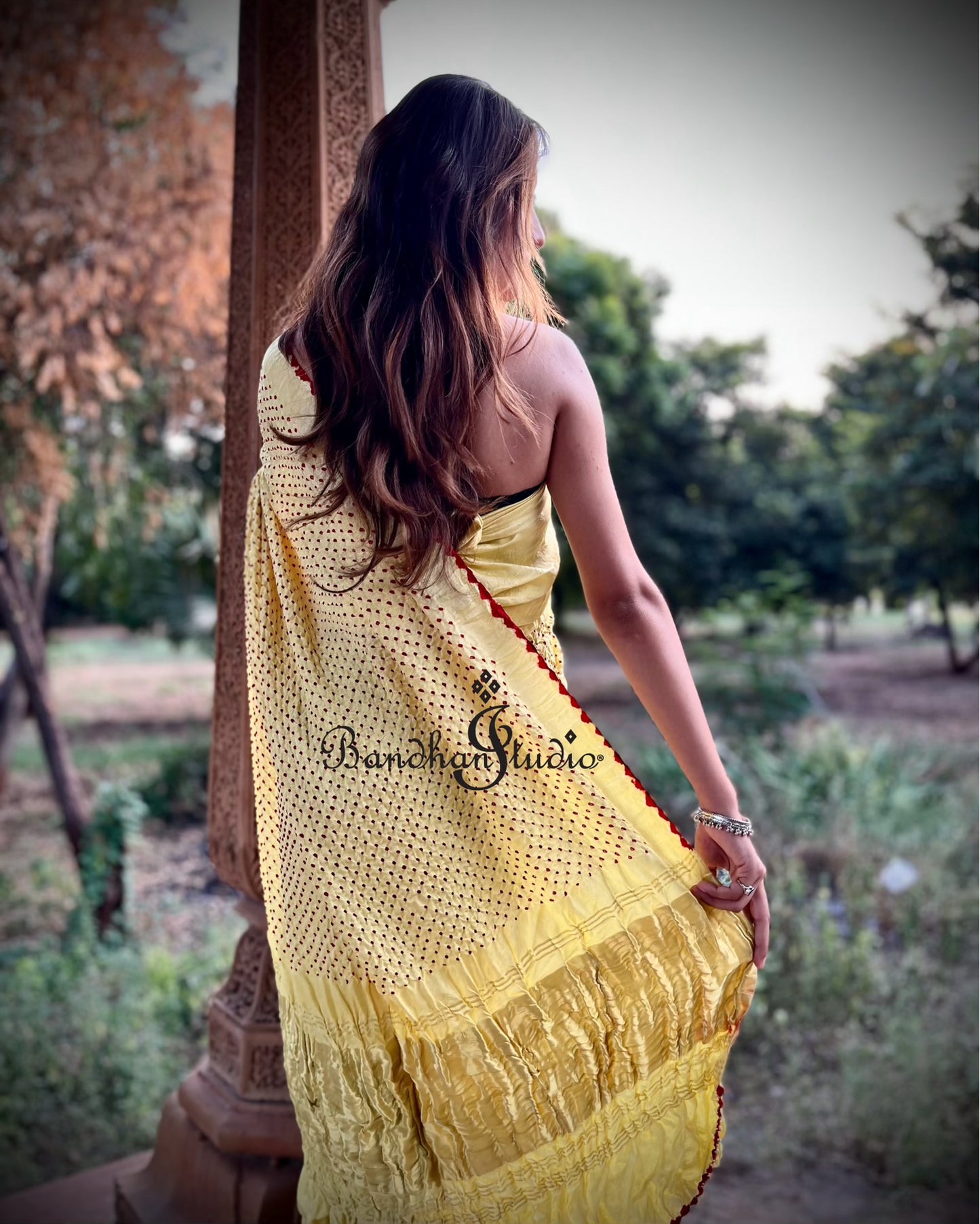 Red Bandhani dots Lemon yellow Gaji silk sari
