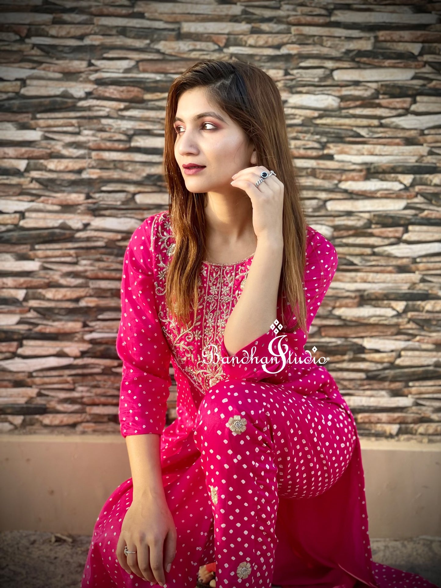 Rani pink Silk Kurta and Pant set with Zardosi Handwork