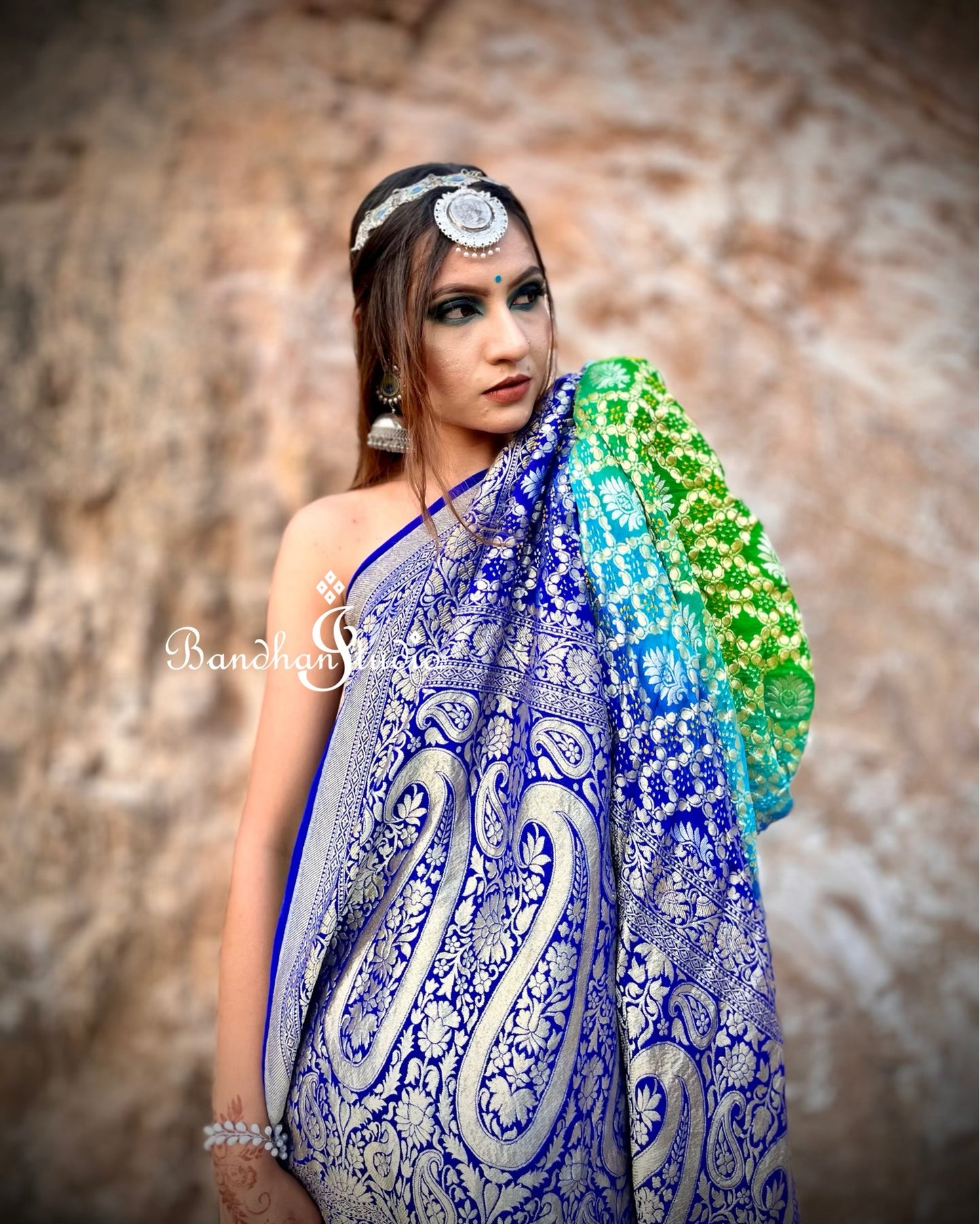 Blue and Sea-green Ombré Silver Zari Bandhani Saree