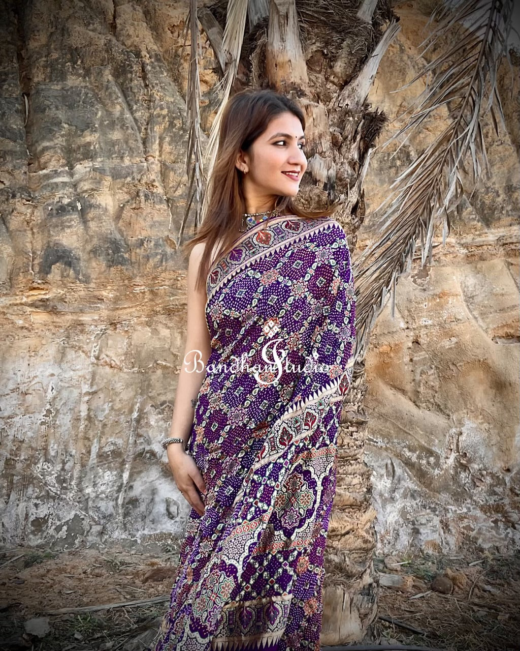 Baigany Purple Ajrakh inspired Weaving Bandhani Saree