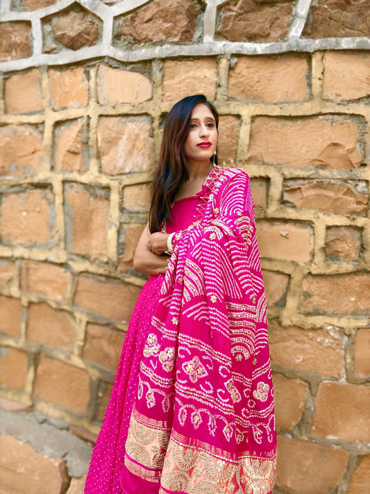 Hot pink Handcrafted pure Gaji silk premium fabric 3 pc Lehenga choli set