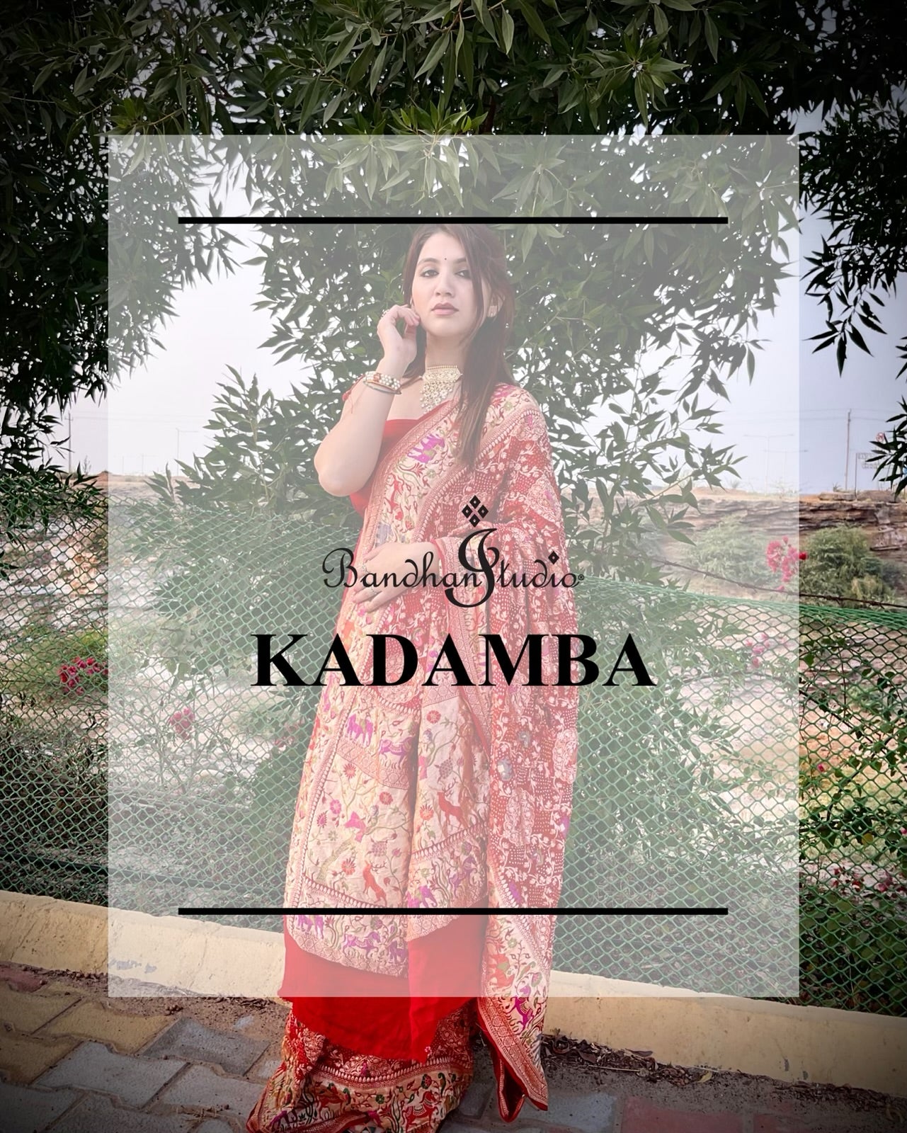 Red Kadamba Shikargah Bandhani saree