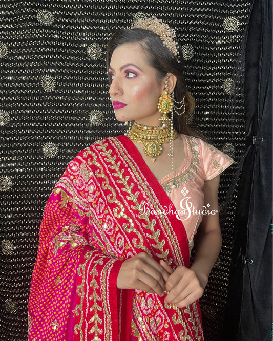Pink and Red ombré handwork and Bandhani dupatta