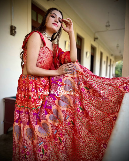 Red Peacock Meenakari Bandhani Lehenga