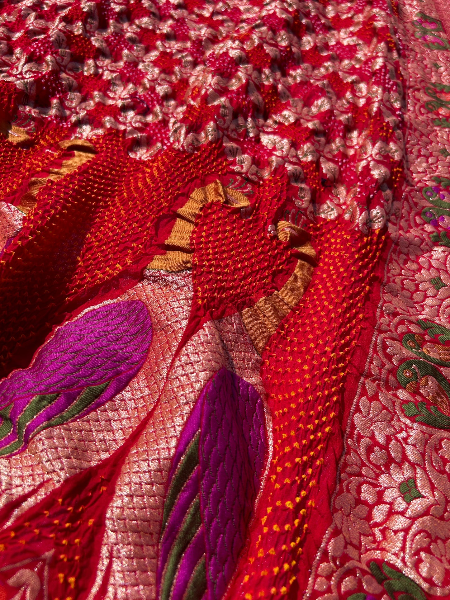 Red Meenakari Peacock Bandhani Dupatta