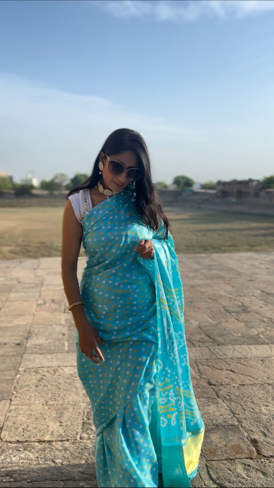 Sky blue Bandhani on Silk Sari