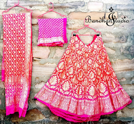 Pink and Coral ombré Pure zari weaving Kali Lehenga set